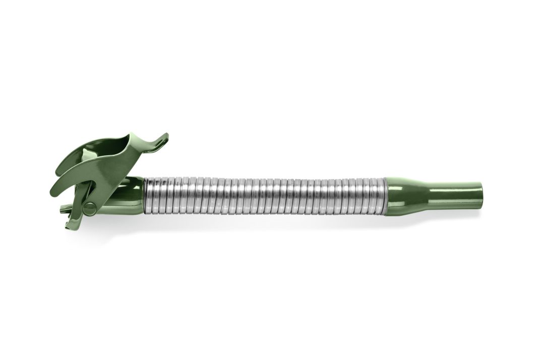 A green and silver metal garden hose nozzle with a trigger handle and flexible, coiled centre section on a white background.