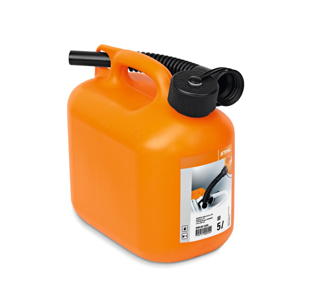 An orange 5-litre plastic fuel canister with a black spout and cap, bearing the Stihl brand logo.