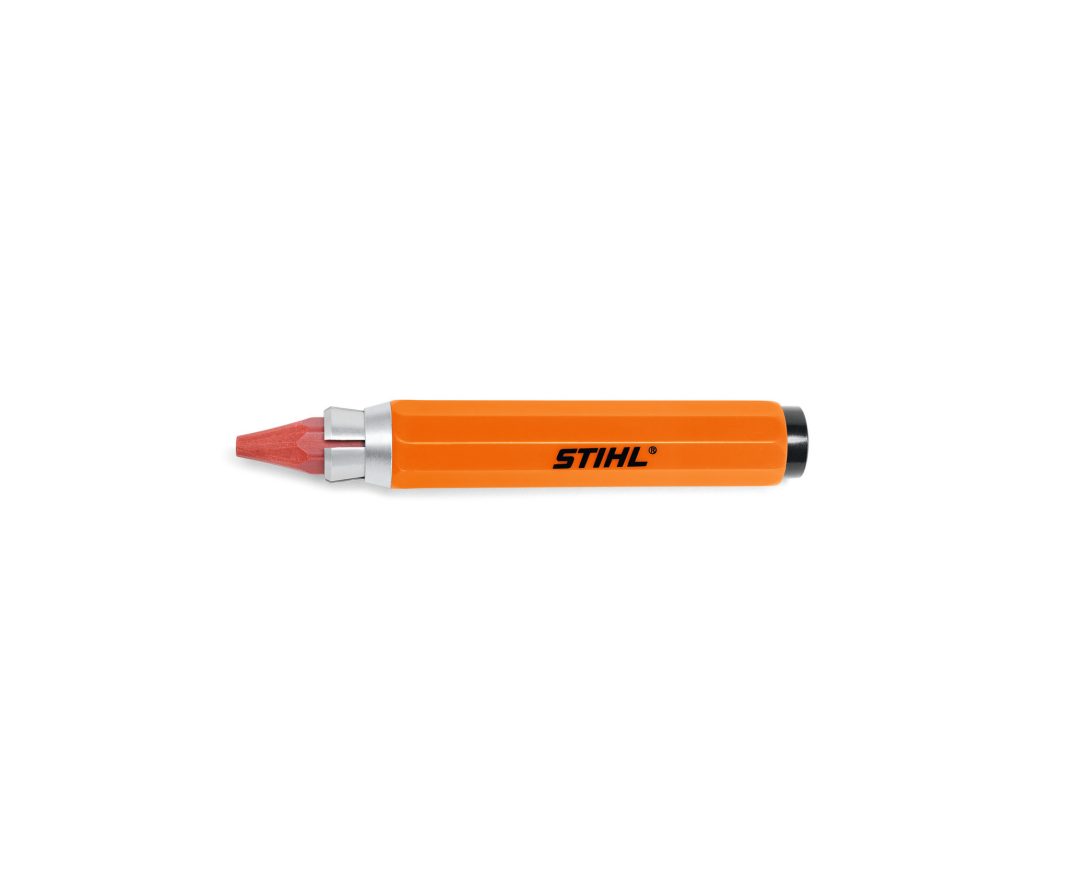 An orange carpenter pencil holder with a pink pencil inside and a silver metal tip, set against a white background.