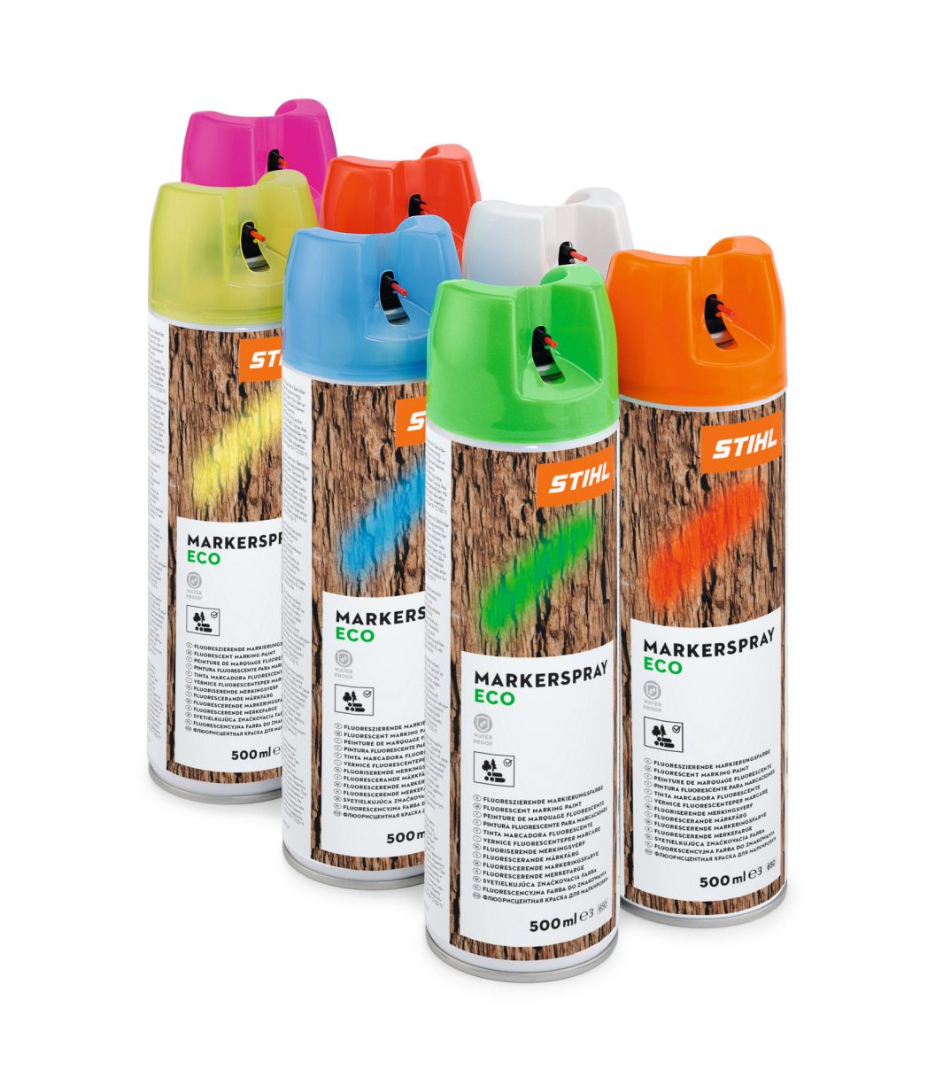 Six STIHL Markerspray ECO cans with coloured caps (pink, yellow, blue, red, green, orange) are arranged in two rows.