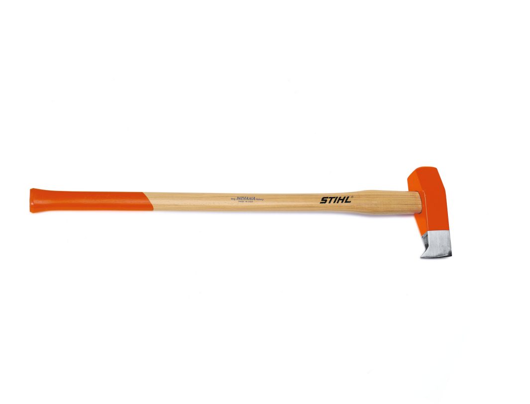 The Stihl AX 30 C Cleaving hammer has a wooden handle with orange accents, a silver metal head, and STIHL branding on a white background.