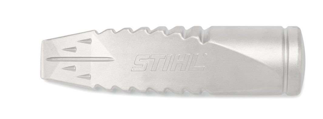 The Stihl AX 30 C Cleaving Hammer has a silver, textured, serrated surface and a pointed end for splitting wood with wedges.