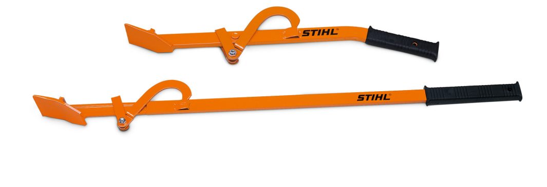 Two orange STIHL log lifting tools with black handles are side by side on a white background, ideal for efficient log handling.