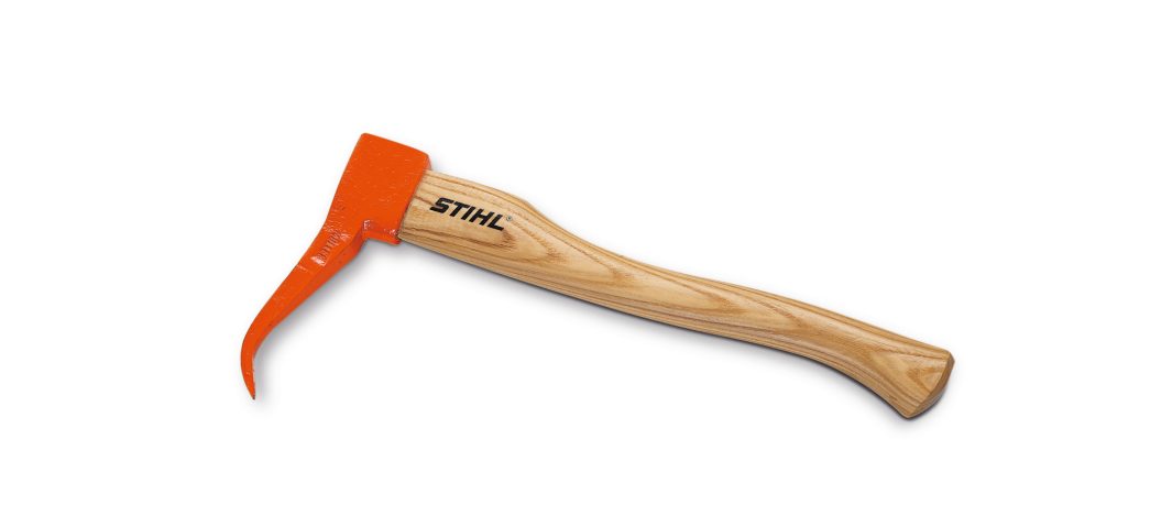 A wood-handled timber tool with an orange metal hook and pointed end for moving logs or firewood, shown on a white background.