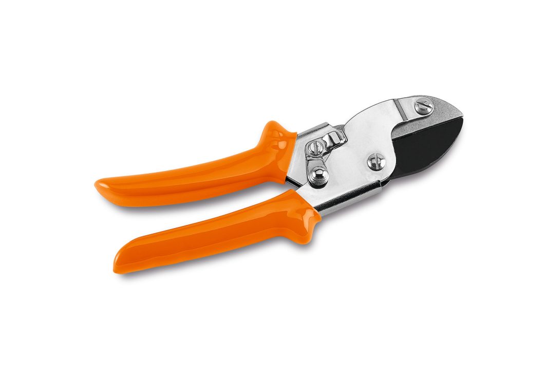 A pair of orange-handled metal secateurs with a black cutting blade resting on a white background.