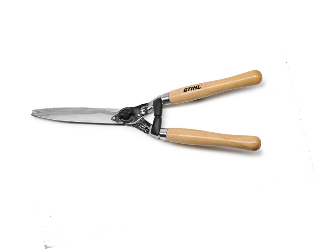 A pair of garden hedge shears with wooden handles and metal blades displayed on a white background.