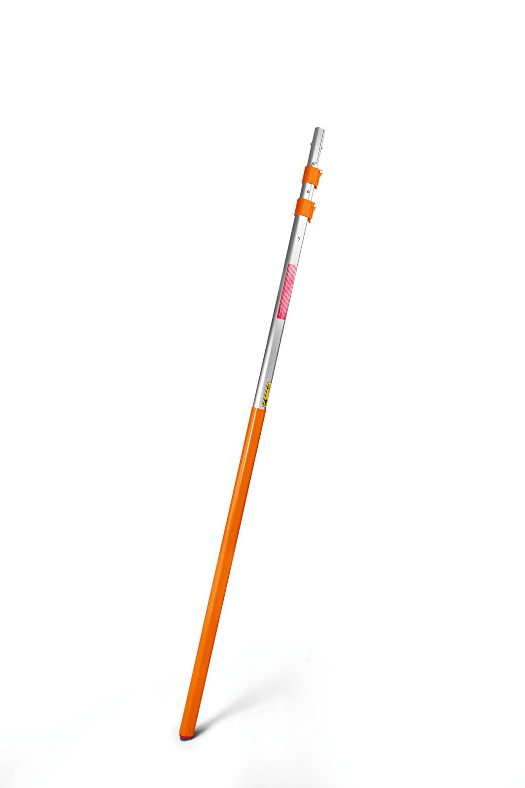 A telescopic pole featuring an orange lower part and a metallic upper part, standing upright on a plain white background.