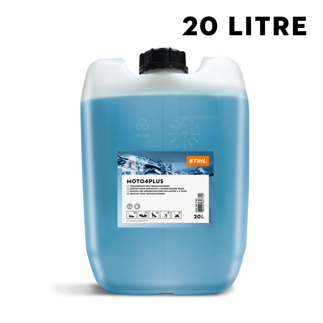 A translucent 20-litre plastic container with a black cap, filled with blue liquid and labelled "Stihl Moto4Plus GB 20 ltr.