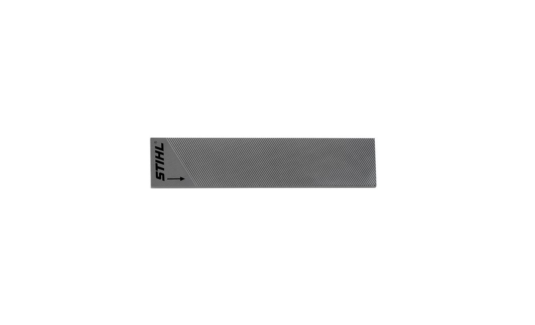 The Stihl Flat file is a rectangular tool with fine diagonal grooves, designed for sharpening, shown on a plain white background.