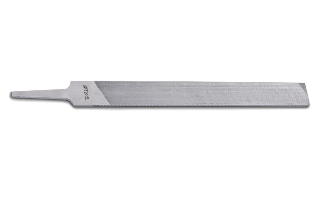 A flat, rectangular metal file with a tapered handle and a textured surface for smoothing or shaping materials.