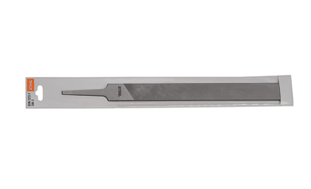 A flat metal file in clear packaging with a grey handle, designed for sharpening tools such as chainsaw blades.