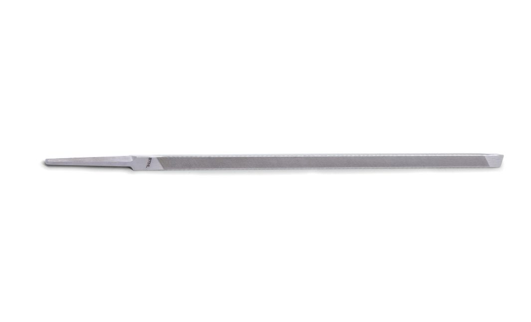 A metal file with a flat, rectangular body and a tapered end, designed for smoothing or shaping metal or wood surfaces.