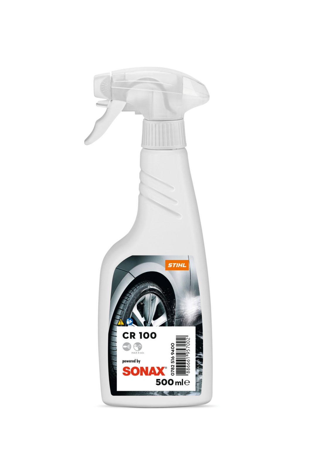 A white 500 ml spray bottle featuring an image of a car wheel being cleaned on the front.
