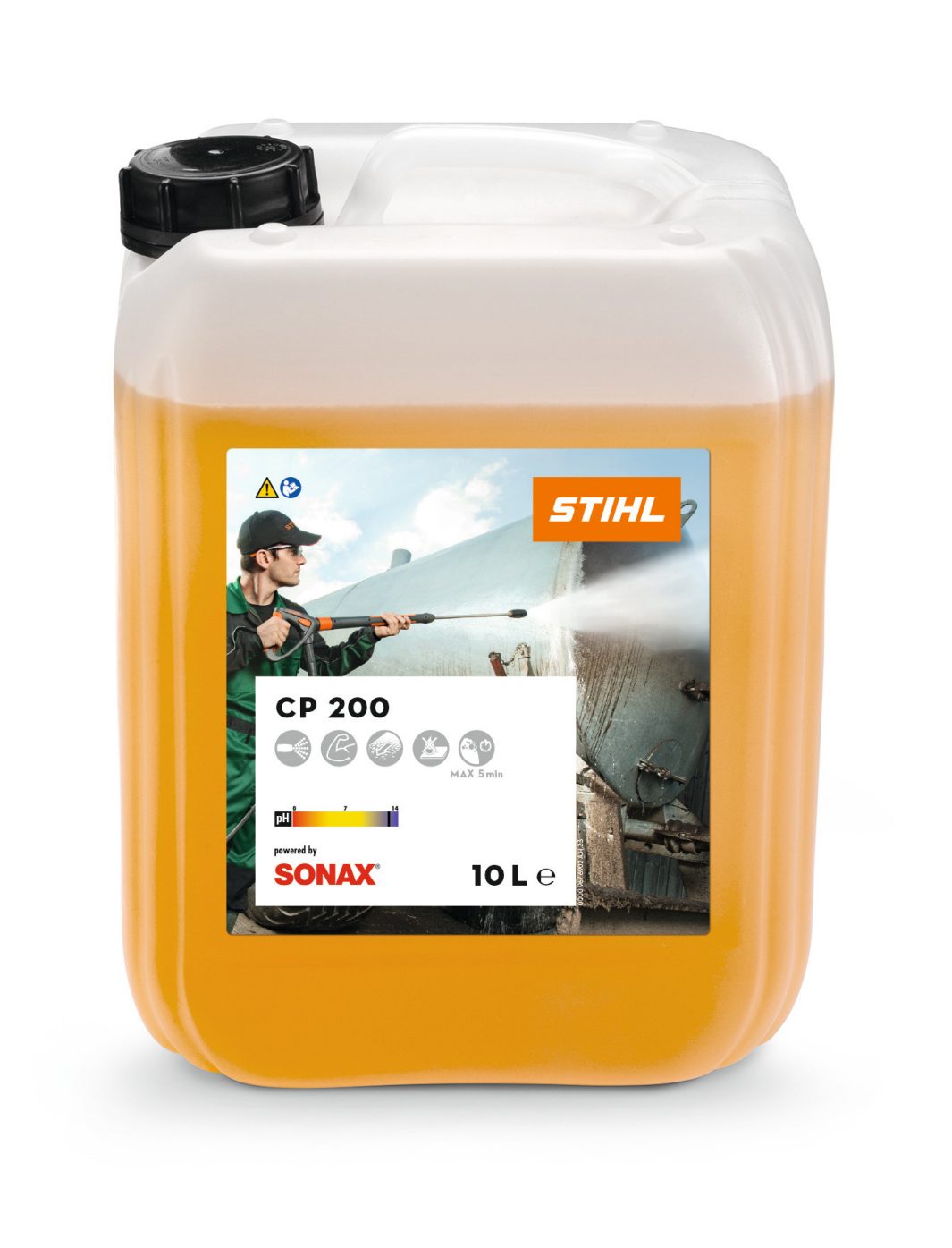 A 10-litre STIHL CP 200 cleaning detergent container with orange liquid and a label showing someone pressure washing outdoors.