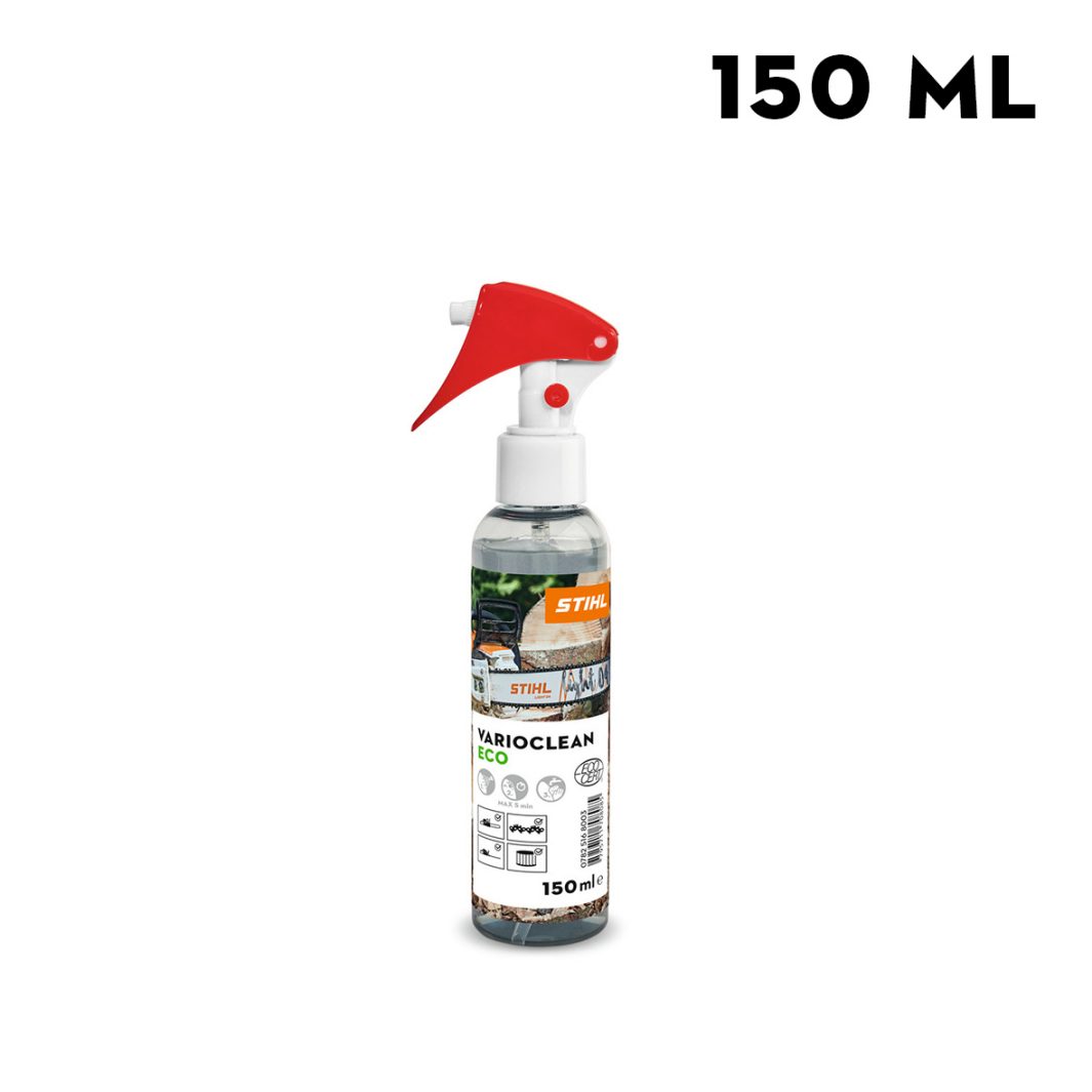A 150 ml STIHL VarioClean Eco spray bottle with a red and white trigger, featuring a detailed label with images and logos.