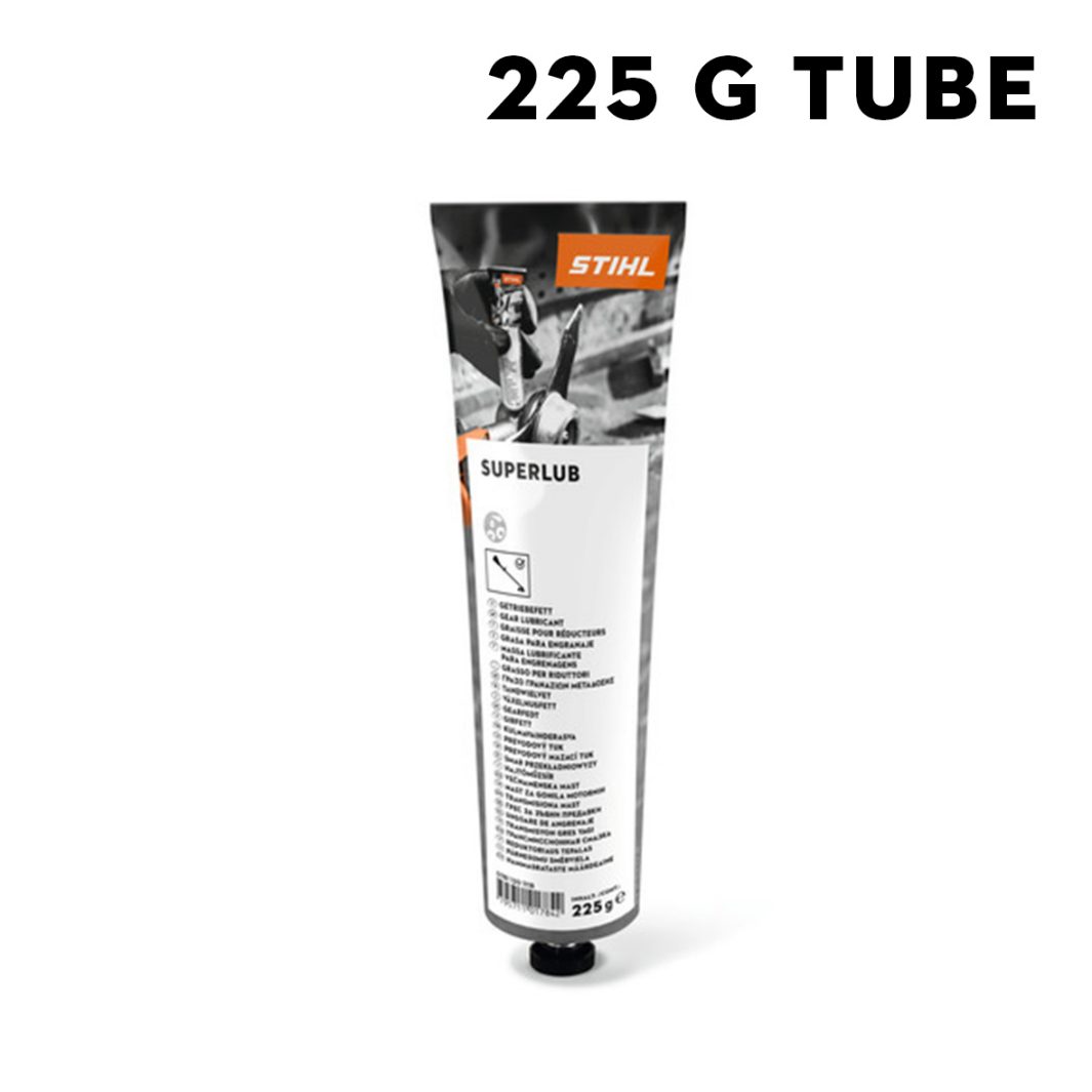 A 225-gram tube of STIHL Superlub lubricant stands upright with its label and product information visible.