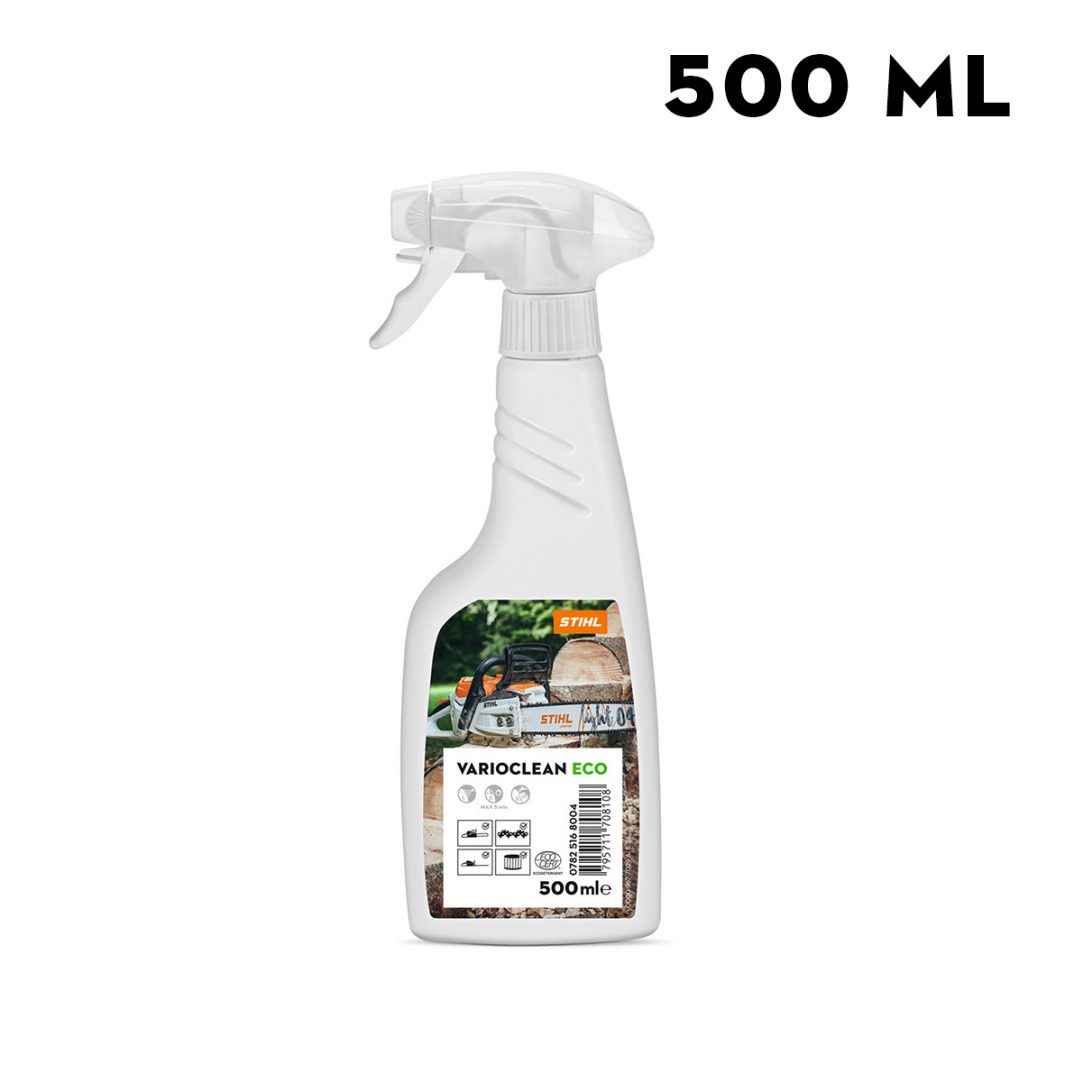 A 500 ml white spray bottle of Stihl VarioClean Eco ECO.DET cleaner with outdoor equipment and cleaning icons on its label.