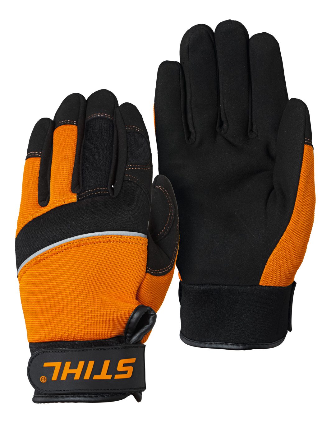 A pair of Stihl Gloves DYNAMIC Vent SZ XL with black palms, orange backs, and black wrist straps are shown palm up and down.