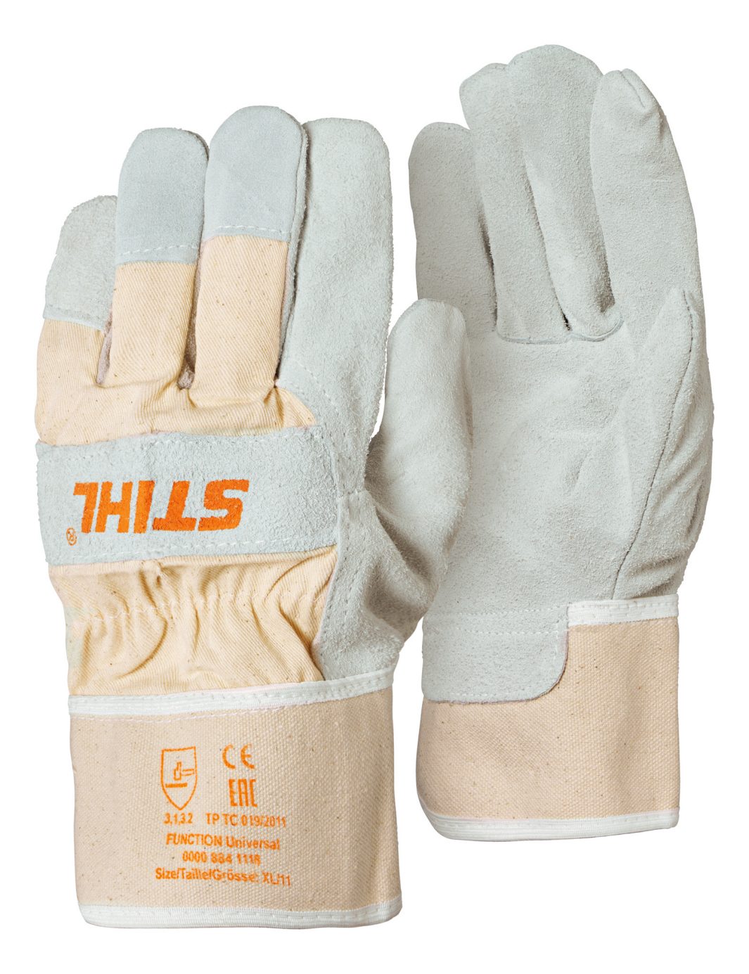 The Stihl FUNCTION Gloves Universal have beige fabric, grey leather palms and fingers, and an orange STIHL logo on the left cuff.