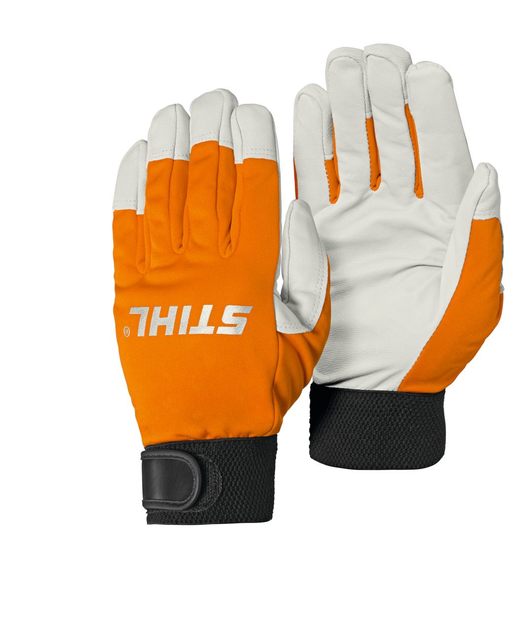 Stihl DYNAMIC Gloves ThermoVent XL/11, orange and white with black wrist straps, palm and back views. Designed for comfort.