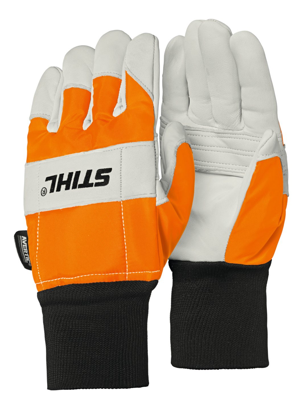 A pair of Stihl FUNCTION Protect MS SZ XL gloves in orange and white leather with black cuffs, shown with one palm up, one down.