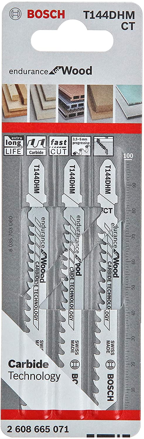 Packaging of Bosch Jigsaw Blades 3pk T144DHM CT2608665071 shows three silver blades on a grey and white background.