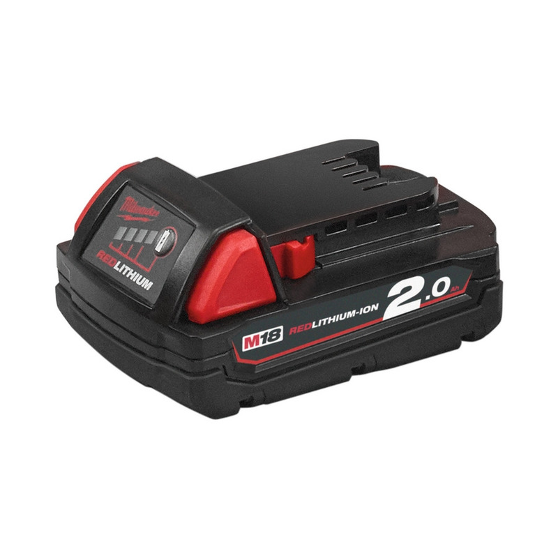 The 2.0Ah Red Lithium Ion Battery is a black battery with red and white accents, designed for use with power tools.