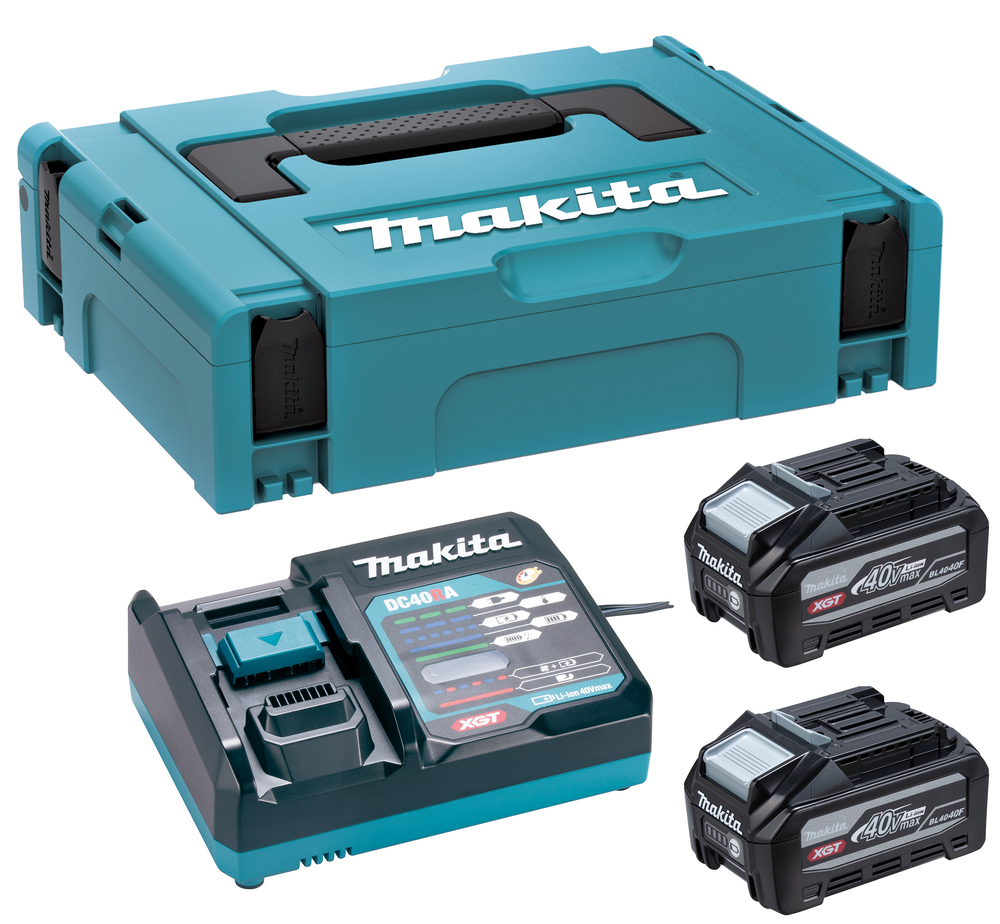 Makita power tool set with a teal carrying case, battery charger, and two black 40V lithium-ion batteries on a white background.