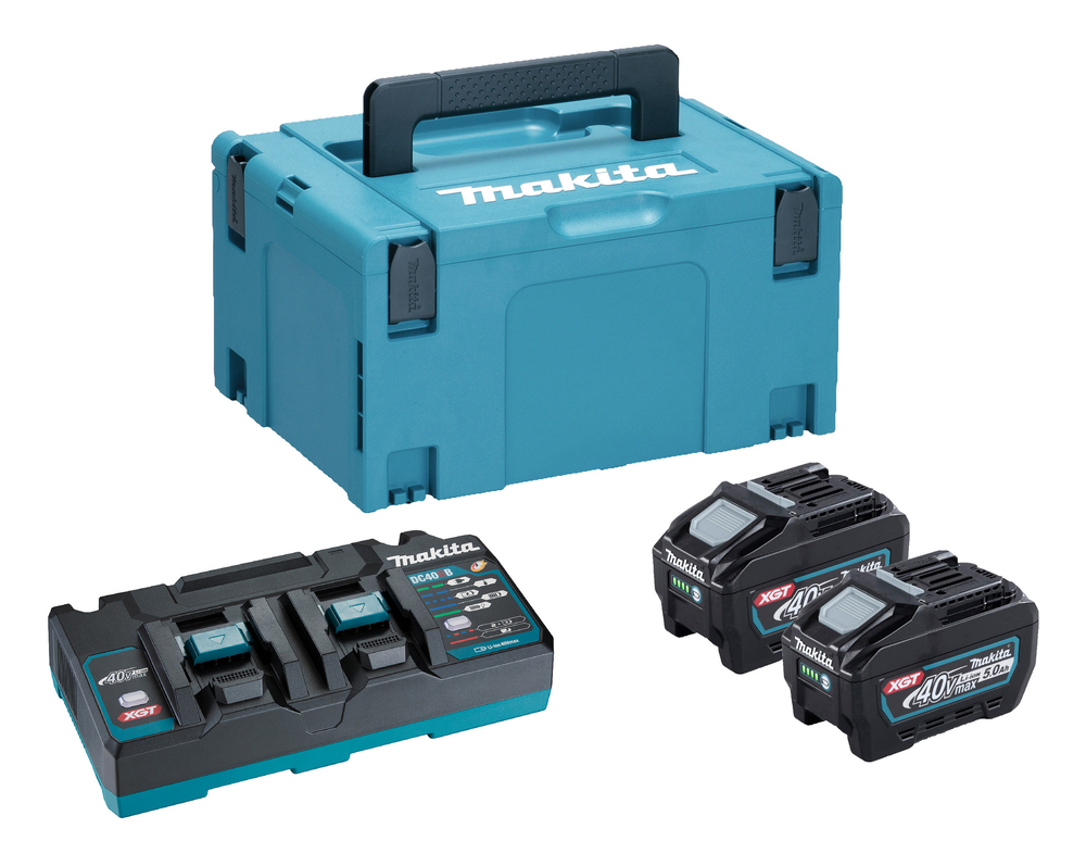 A Makita tool set with a blue carrying case, dual battery charger, and two rechargeable batteries on a white background.