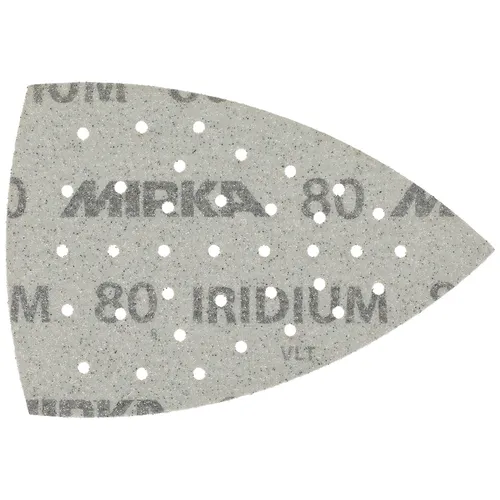 A triangular sheet of sandpaper with multiple small holes.
