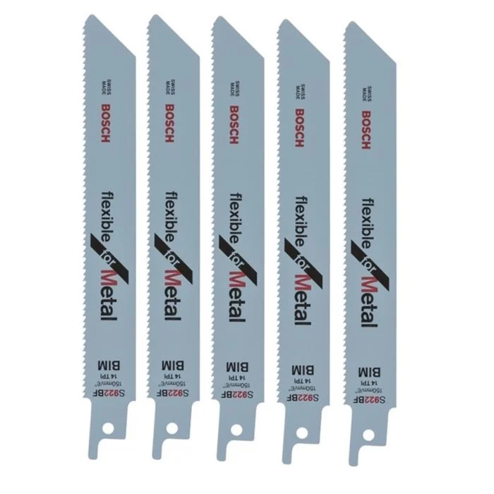 Five Bosch reciprocating saw blades are lined up vertically, silver-grey with jagged edges, designed for cutting metal materials.