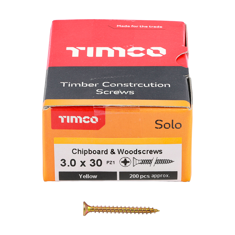 A box of TIMCO Timber Construction Screws with a single yellow wood screw in front. Box indicates 3.0 x 30 PZ1 Yellow, 200 pcs.