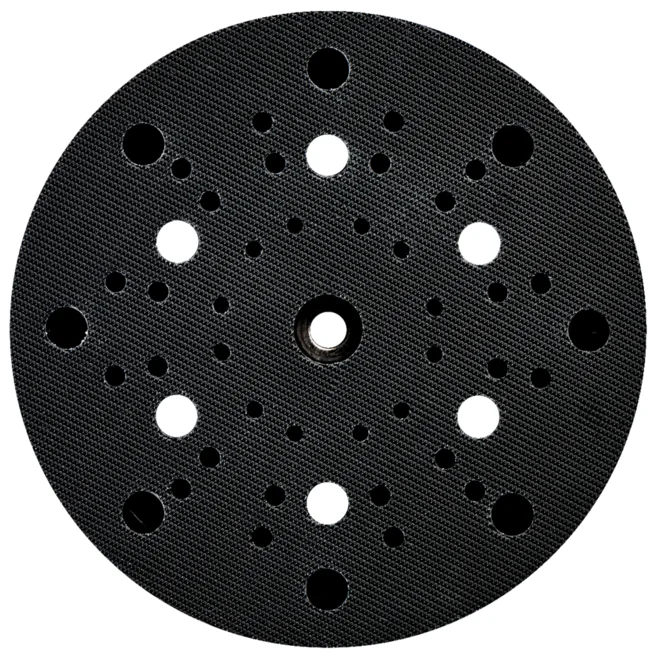 A textured, round black sanding pad with symmetrically arranged multi-sized holes around a central hole.
