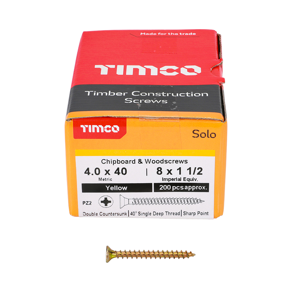 A box of TIMco timber construction screws labelled 4.0 x 40, with one yellow screw in front and about 200 screws inside.