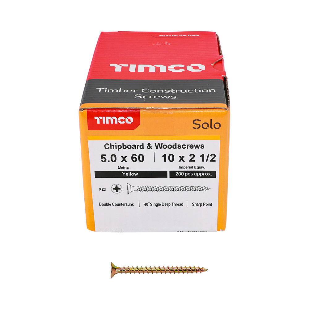 A box of Timco chipboard and woodscrews stands on a white background with one screw displayed in front of the box.