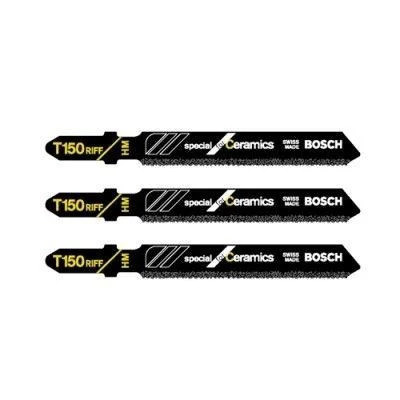 Three black Bosch T150RIFF jigsaw blades arranged horizontally in a row on a white background.