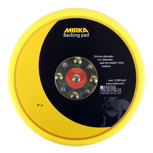 A round, yellow and black Mirka backing pad with a metal centre and multiple holes, featuring a bulldog graphic.