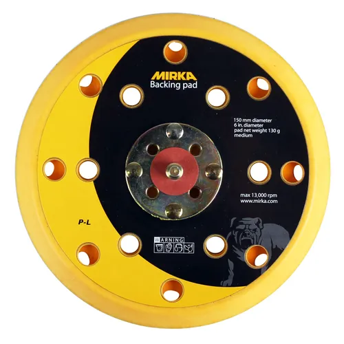 A yellow and black Mirka backing pad with multiple holes, metal centre, warning labels, circular shape, 150mm diameter, 13,000 RPM.