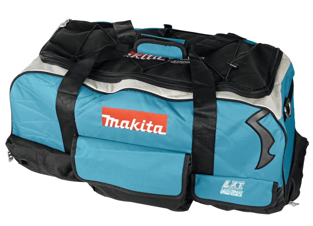 A large teal and black Makita tool bag with zippered pockets, black handles, and the Makita logo on the front. Durable for tools.