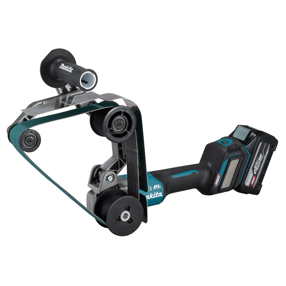A cordless Makita belt sander with a black and teal body, large handle, battery pack, and exposed sanding belt on multiple rollers.