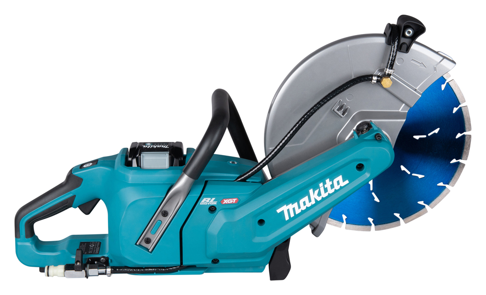 A teal Makita power saw with a large circular blue blade and black handle, designed for heavy-duty cutting, on a white background.