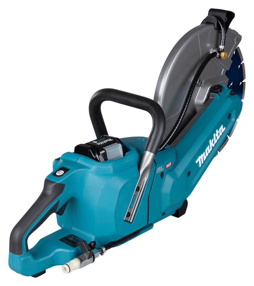 A teal and black Makita power cutter with a large circular blade, handle, safety guard, branding, and a rechargeable battery compartment.