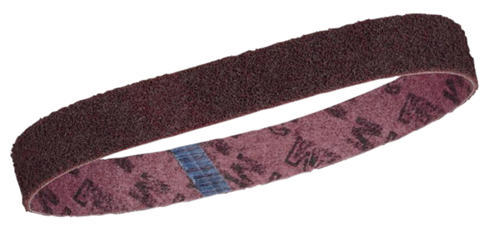 A maroon abrasive sanding belt with a rough, textured exterior and markings on the inner side, shown against a white background.