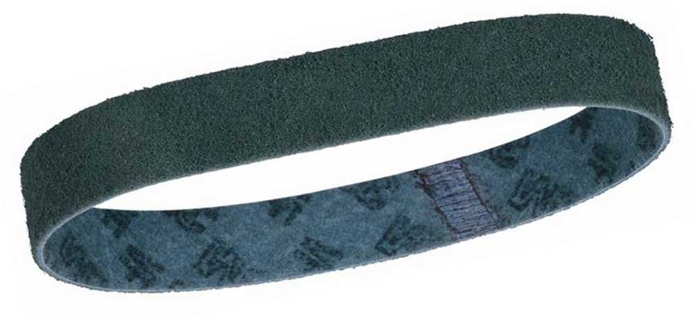 A close-up of a dark green abrasive sanding belt featuring a textured surface and blue inner lining, used for grinding or finishing.