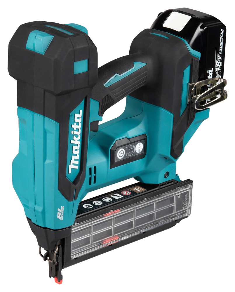 A teal and black Makita cordless nail gun with an 18V lithium-ion battery, clear nail magazine, and a metal belt clip on the side.
