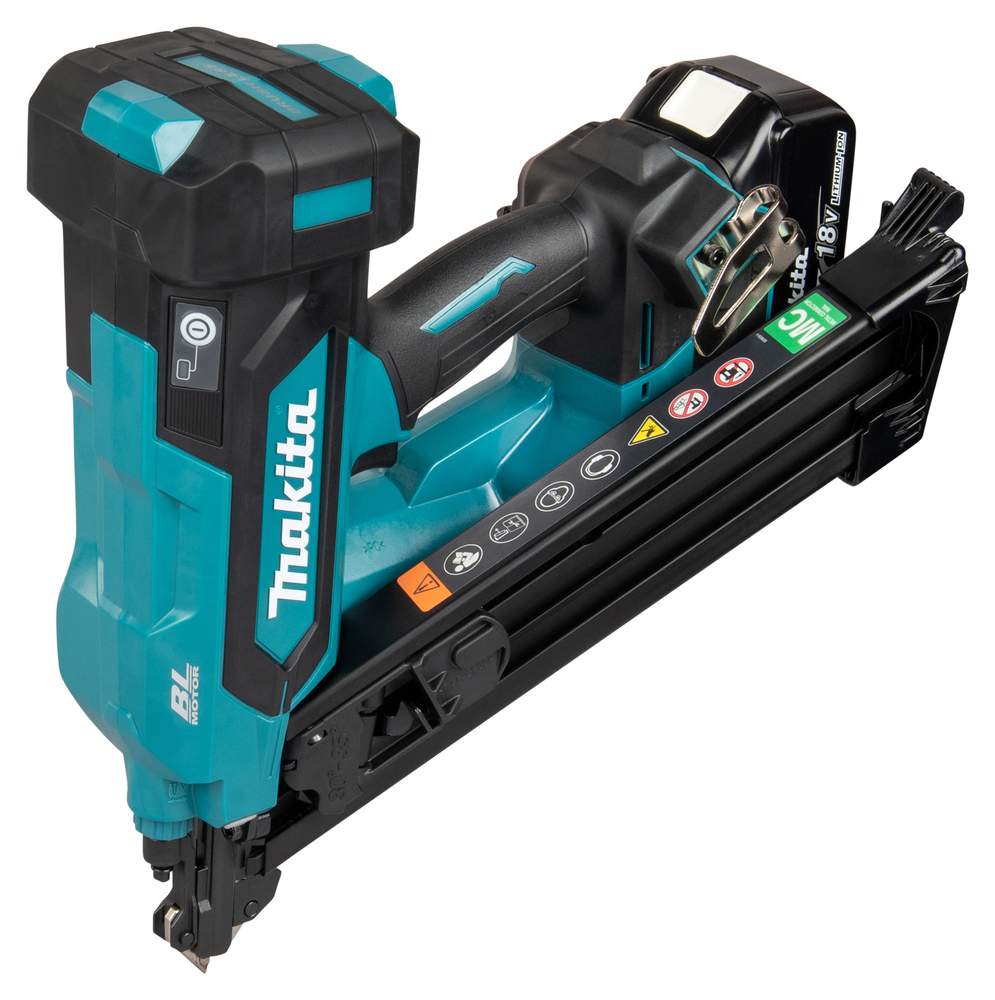 A teal and black Makita 18V cordless nail gun with battery pack, ergonomic grip, and warning labels on a white background.