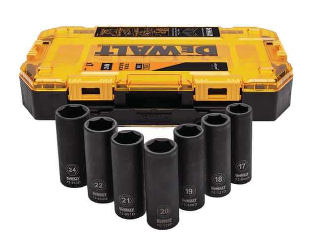 Seven black Dewalt X Mclaren 7 pce impact sockets 17, 18, 19, 20, 21, 22 and 24mm sockets arranged in a semi-circle in front of a yellow and black DeWalt McLaren storage case.