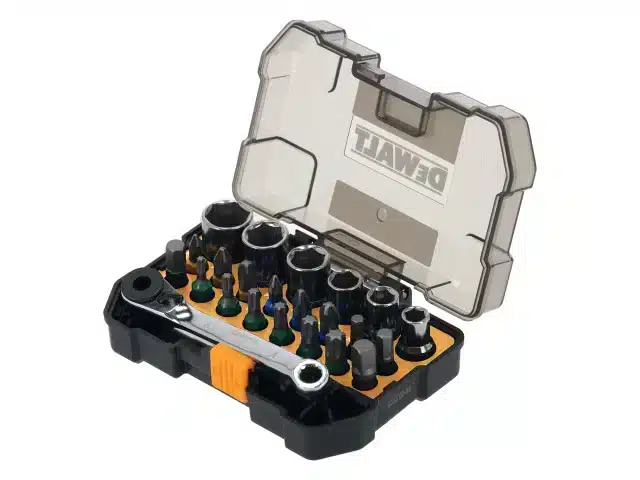 7 piece impact sockets sized 17, 18, 19, 20, 21, 22, and 24mm with a spanner stored in an open, translucent plastic carrying case.