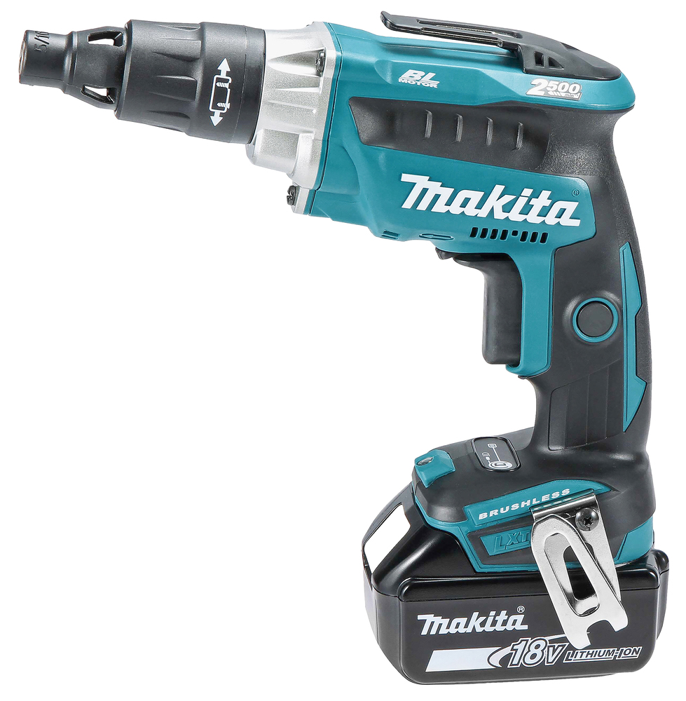 A Makita 18V cordless brushless screwdriver featuring a black and teal body, ergonomic handle, metal belt clip, and side branding.