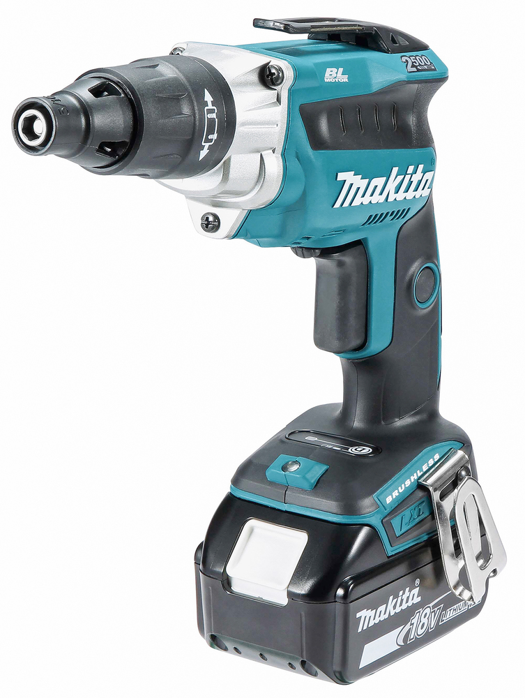 Makita 18V cordless power screwdriver featuring a brushless motor, black and teal design, ergonomic grip, and detachable battery.